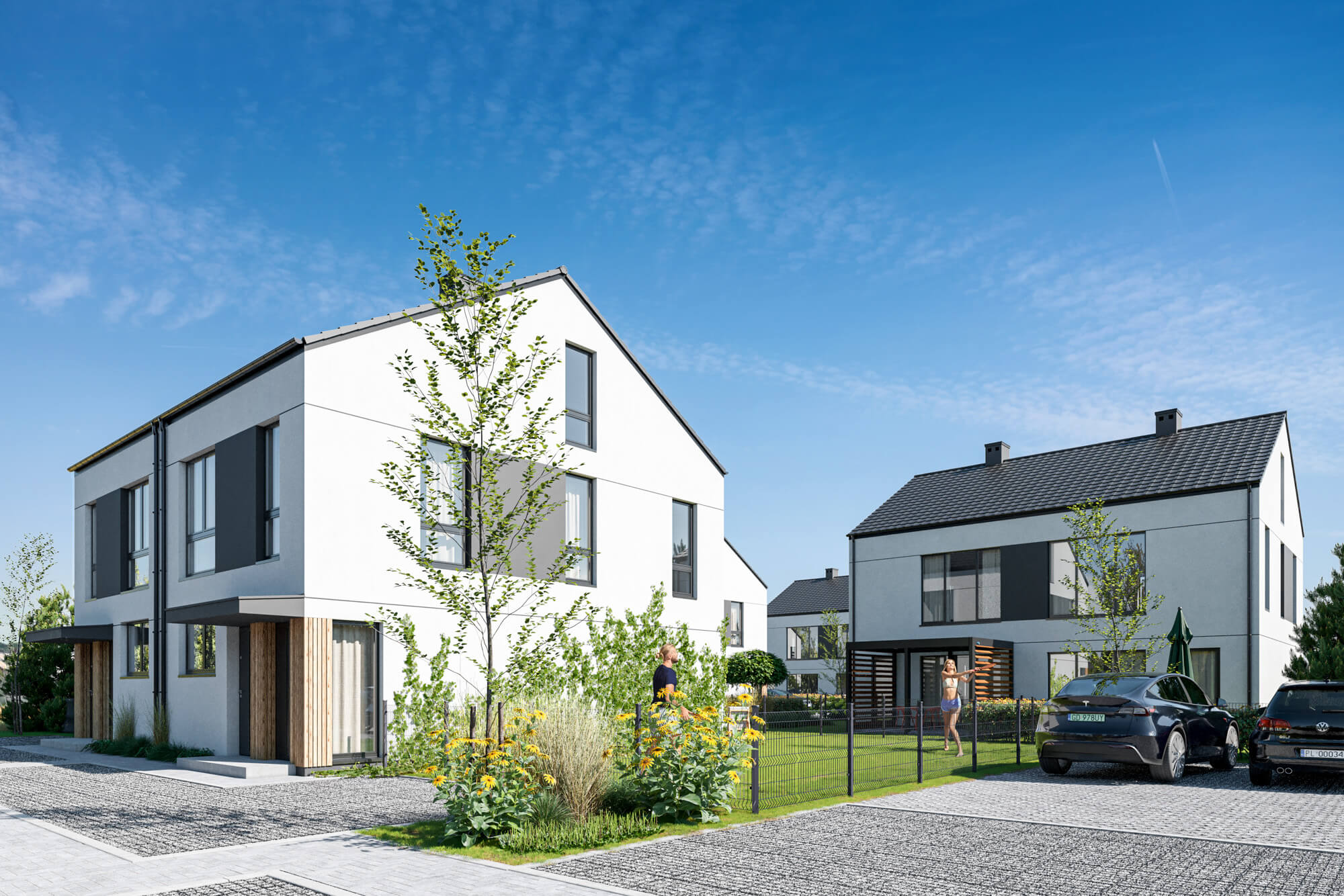 Wizualizacje 3D inwestycji Garden Hill - widok osiedla z zabudową czworaczą