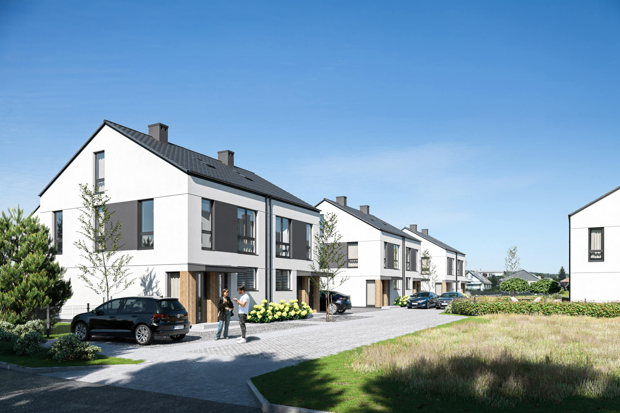 Wizualizacje 3D inwestycji Garden Hill - widok osiedla z zabudową czworaczą