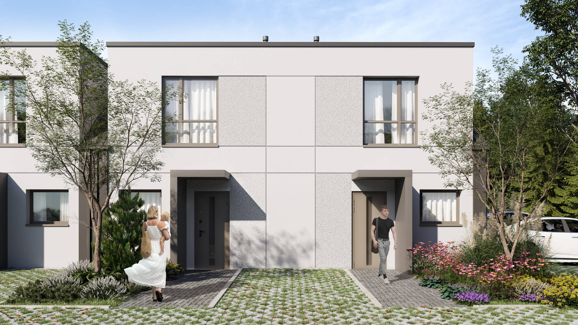 Wizualizacje 3D inwestycji Nad Groblą - widok elewacji budynku bliźniaczego
