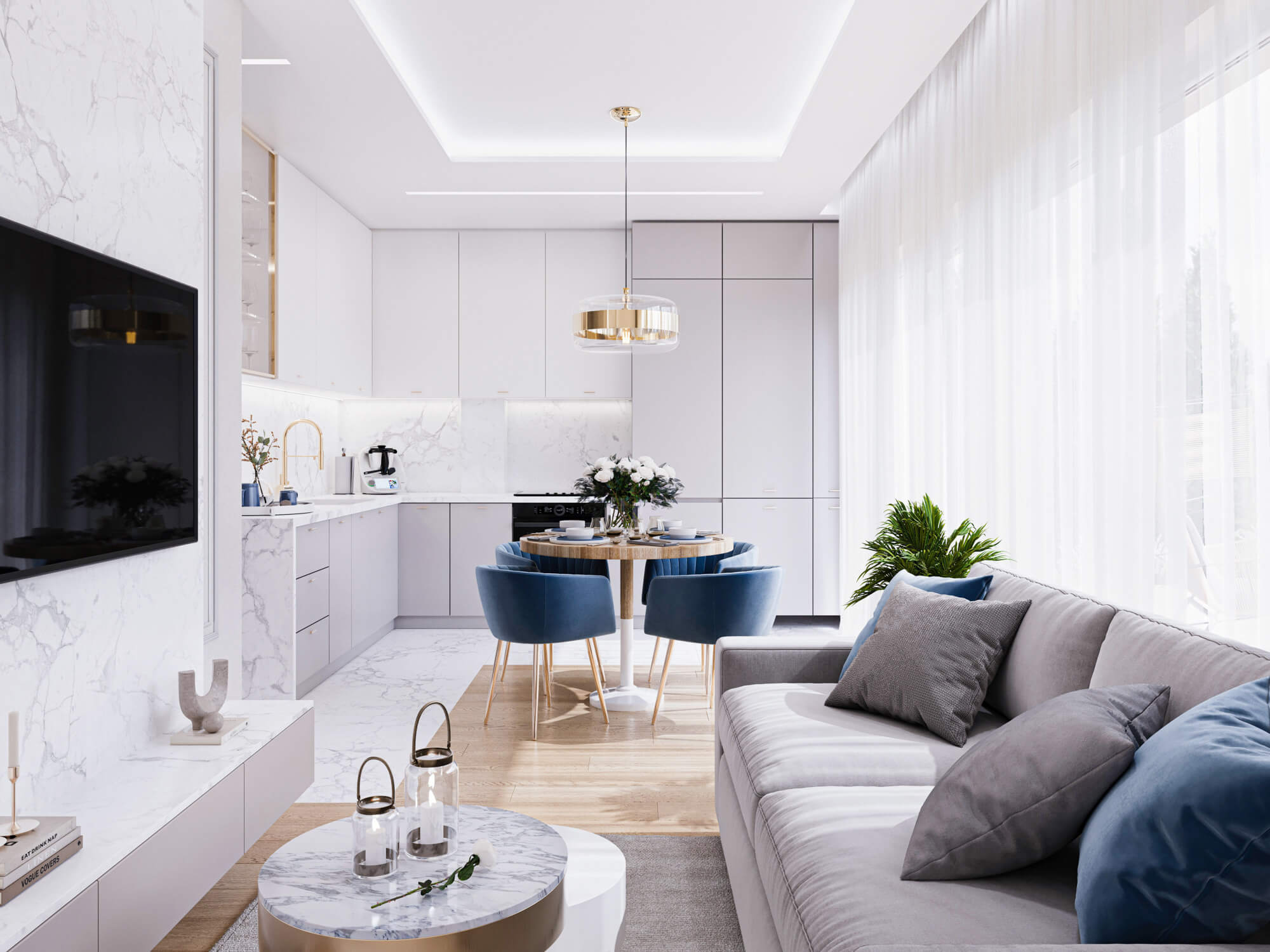 Wizualizacje 3D wnętrz osiedla Kusocińskiego - salon z jadalnią