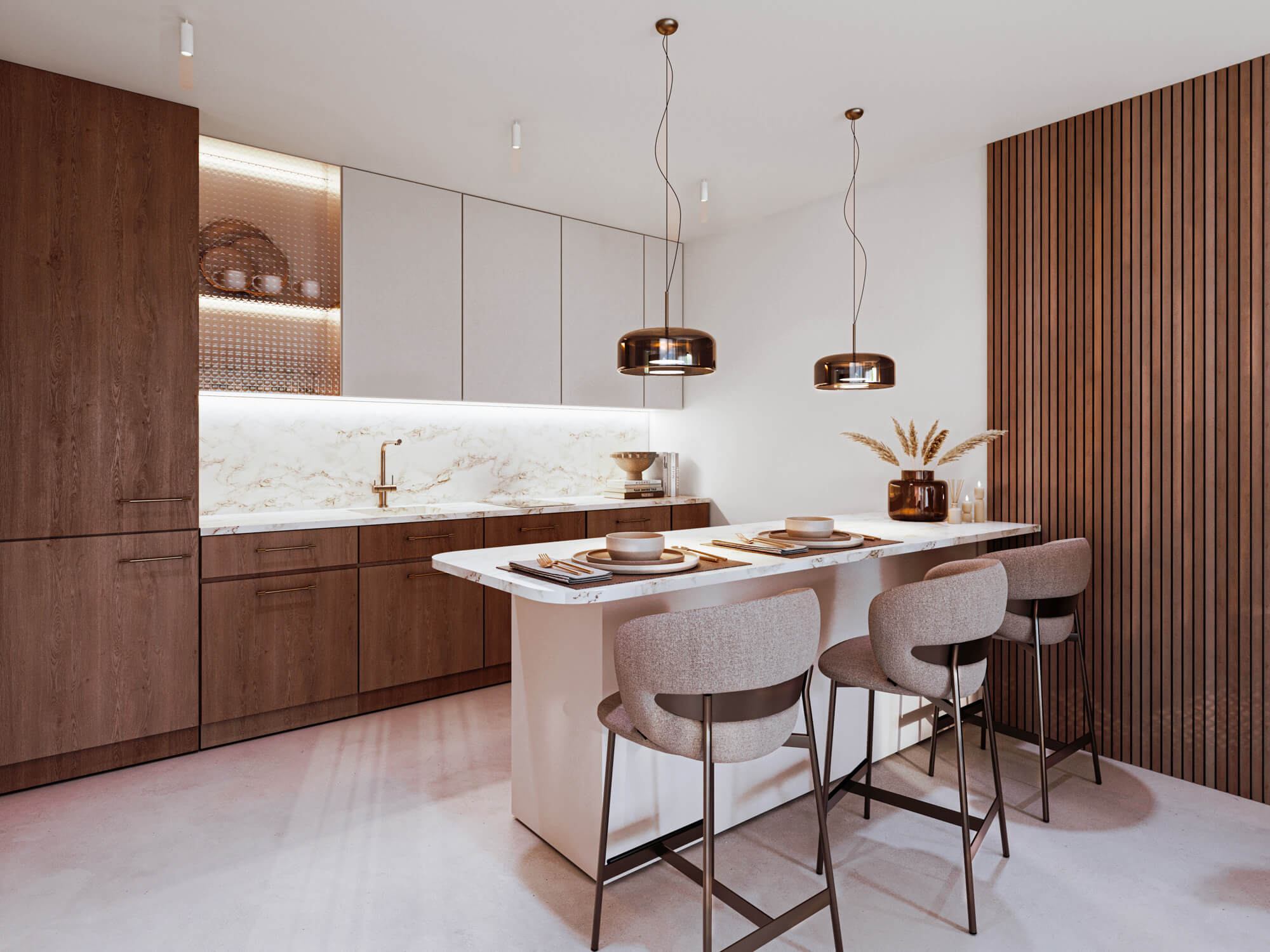 Wizualizacje 3D inwestycji Obonjan Resort - apartament z dużą kuchnią i wyspą