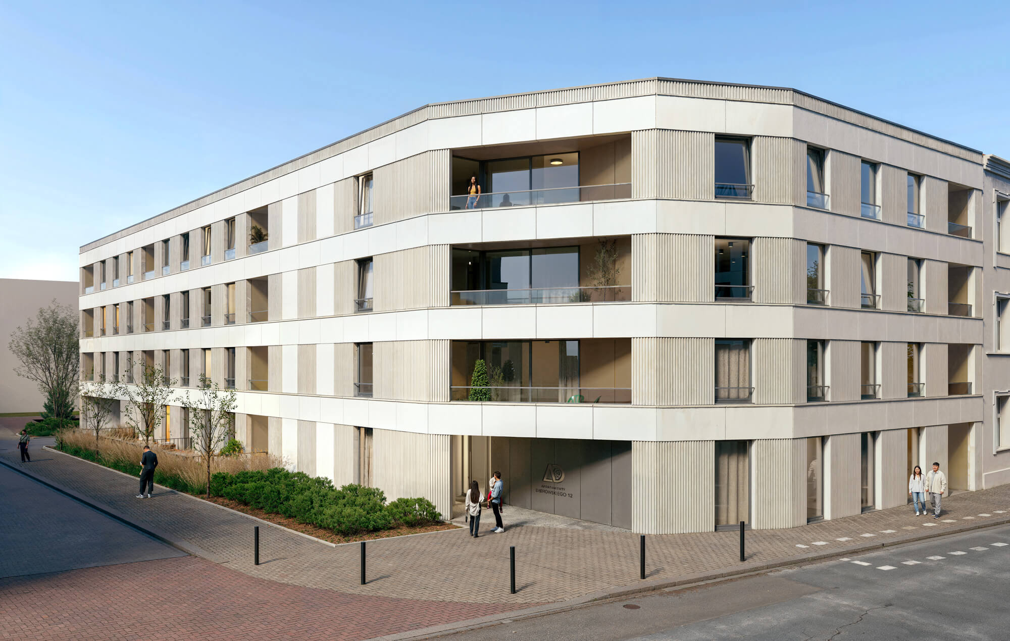 Wizualizacje 3D inwestycji Apartamenty Dąbrowskiego 12 - widok budynku od wejścia
