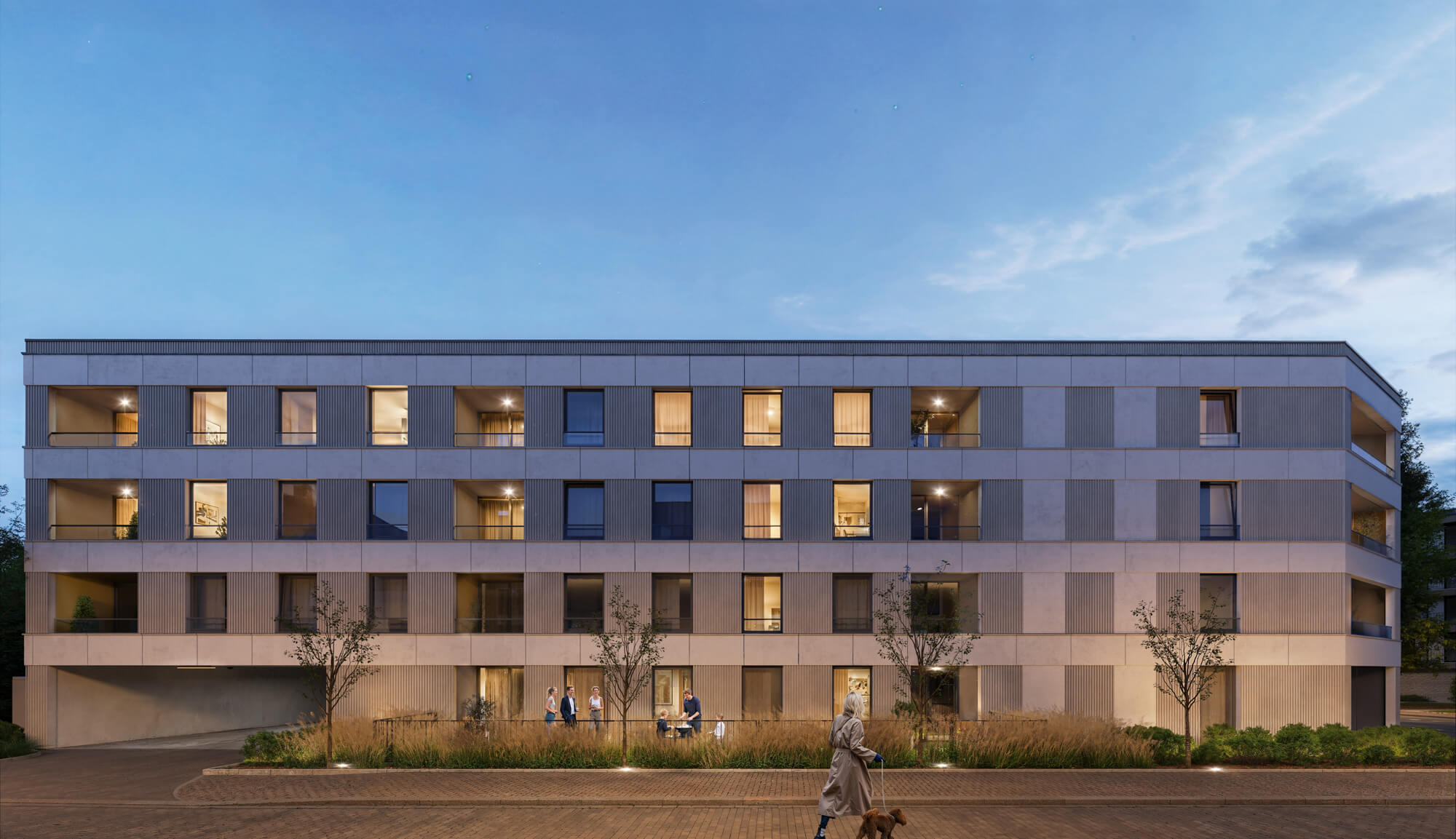 Wizualizacje 3D inwestycji Apartamenty Dąbrowskiego 12 - widok elewacji wieczorem