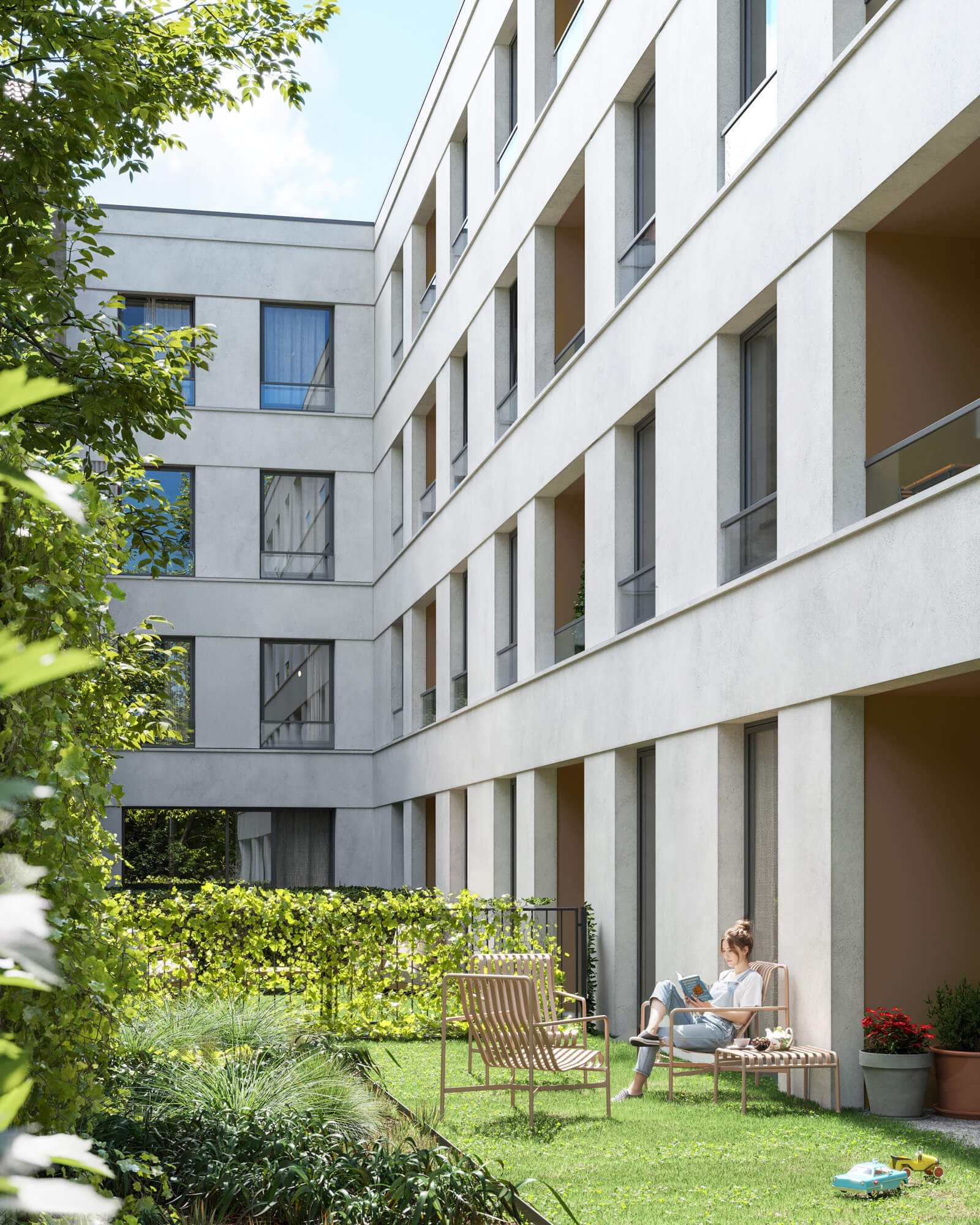 Wizualizacje 3D inwestycji Apartamenty Dąbrowskiego 12 - ogródki apartamentów