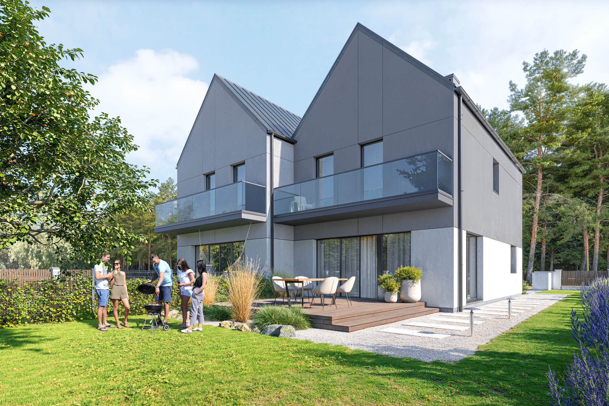 Wizualizacje 3D inwestycji Lusiak - widok ogrodu budynku dwurodzinnego