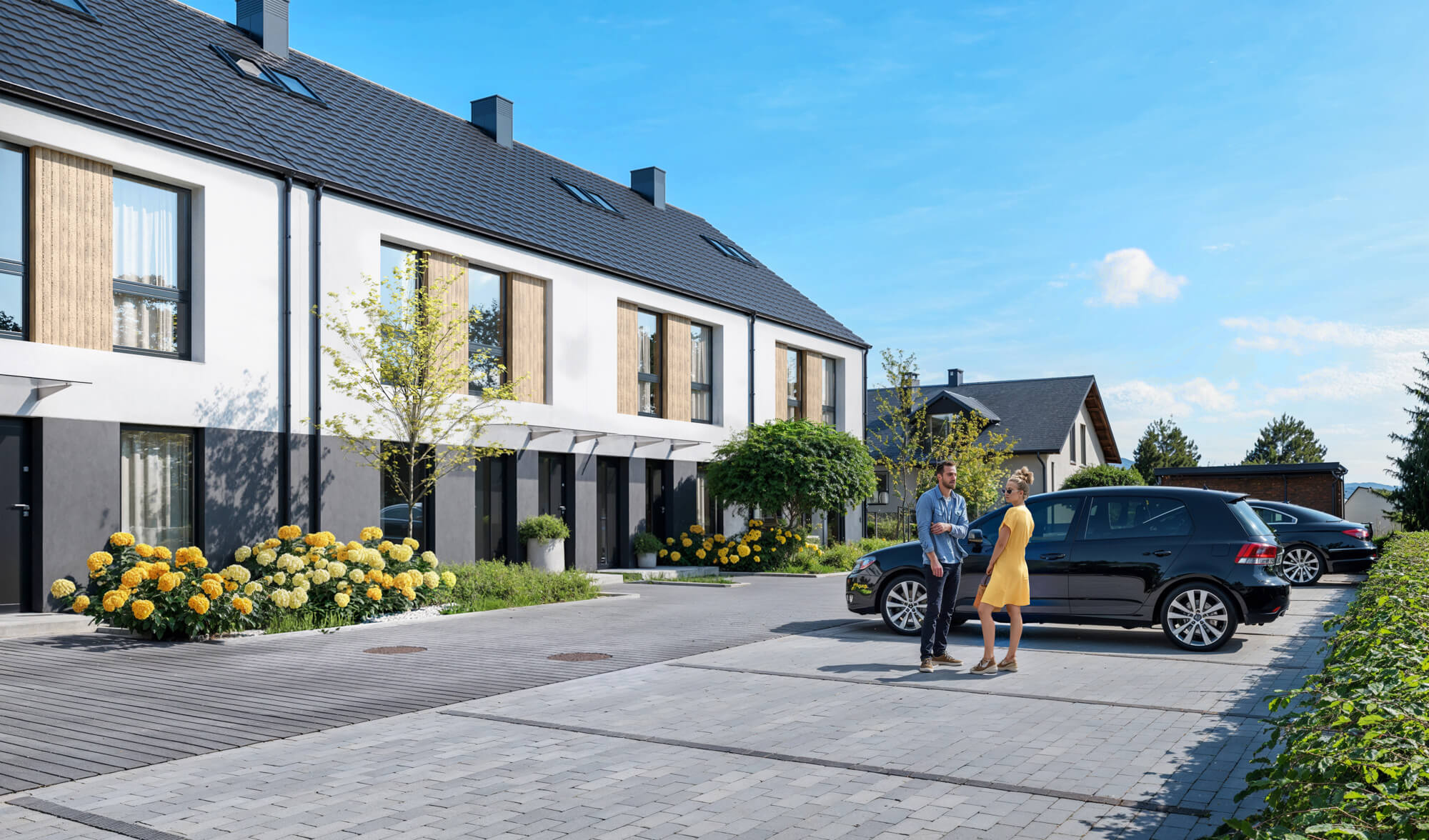 Wizualizacje 3D inwetyscji Widokovo Apartamenty - strefa wejściowa z parkingami