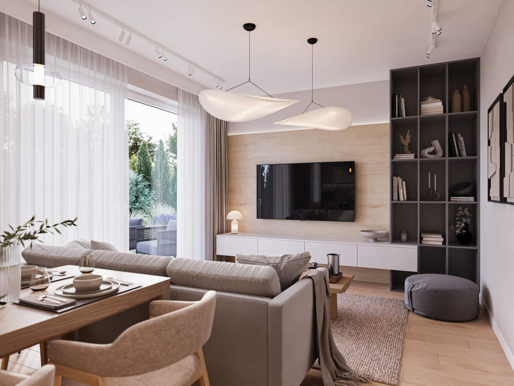 Wizualizacje 3d wnętrz inwestycji w Skierniewicach - salon z jadalnią