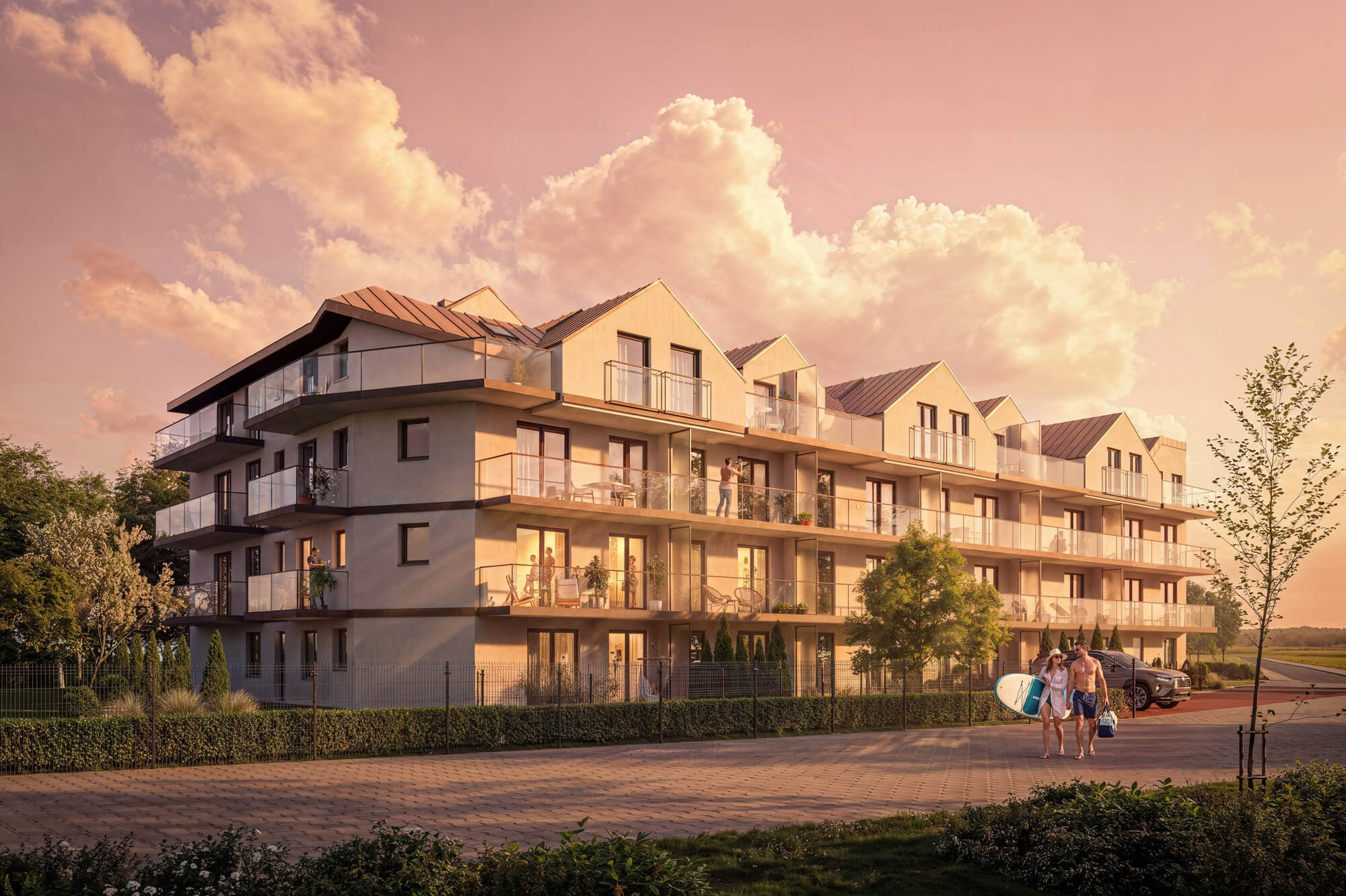 Wizualizacje 3D inwestycji Nowy Dziwnów - budynek wielorodzinny o zachodzie słońca