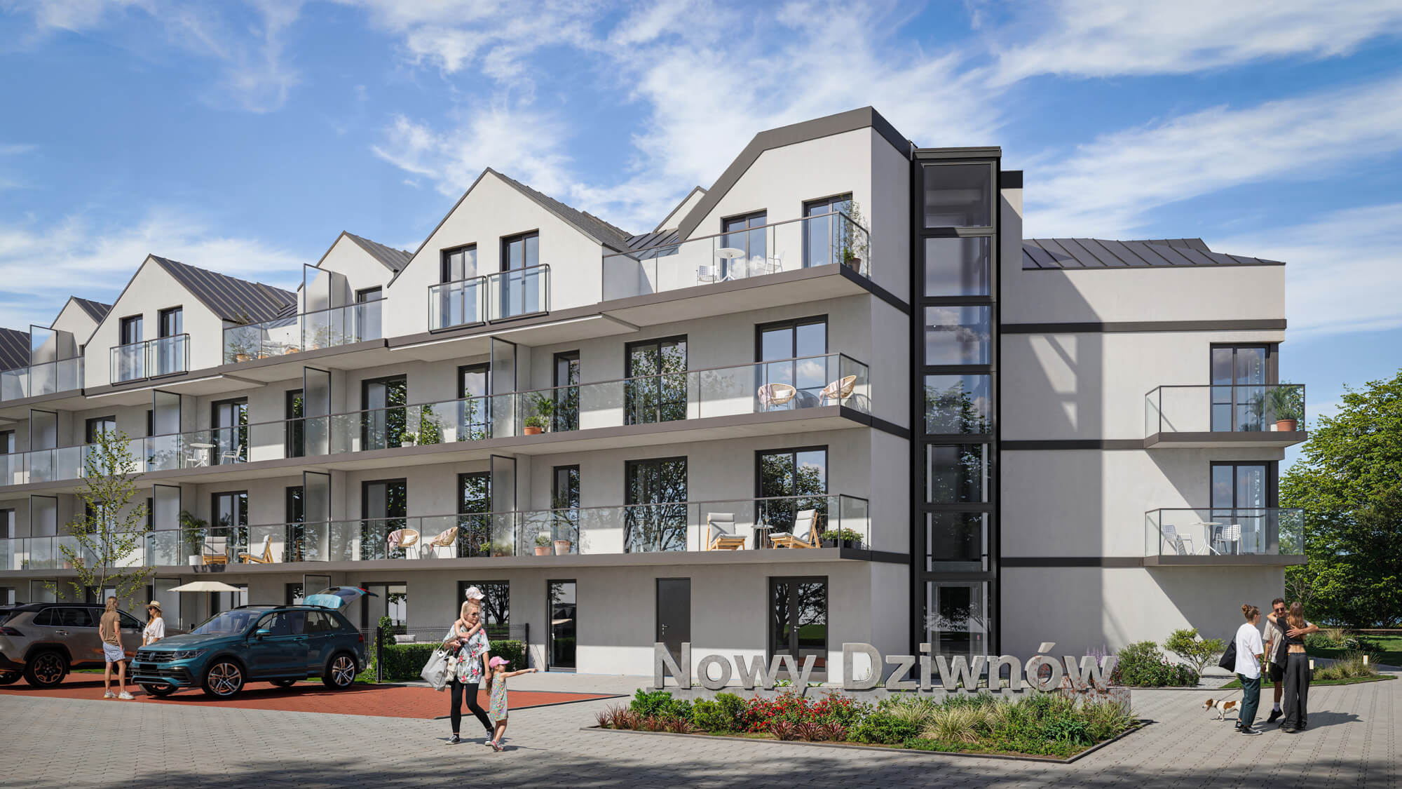 Wizualizacje 3D inwestycji Nowy Dziwnów - budynek wielorodzinny z balkonami
